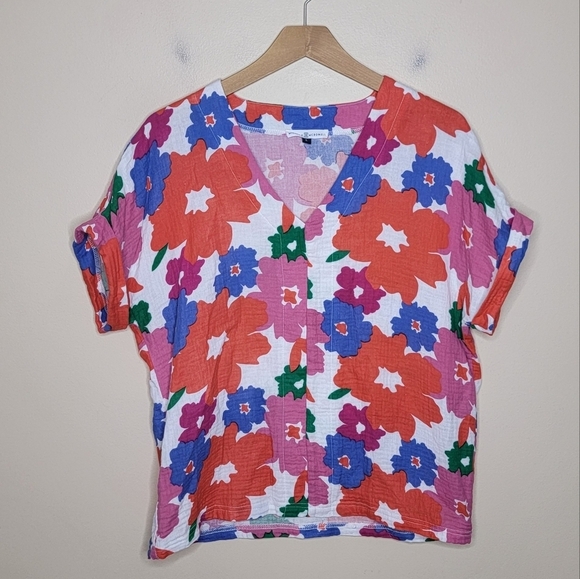 Michelle McDowell | Colorful Floral Gauze Short Sleeve Top Size Large - Picture 1 of 5